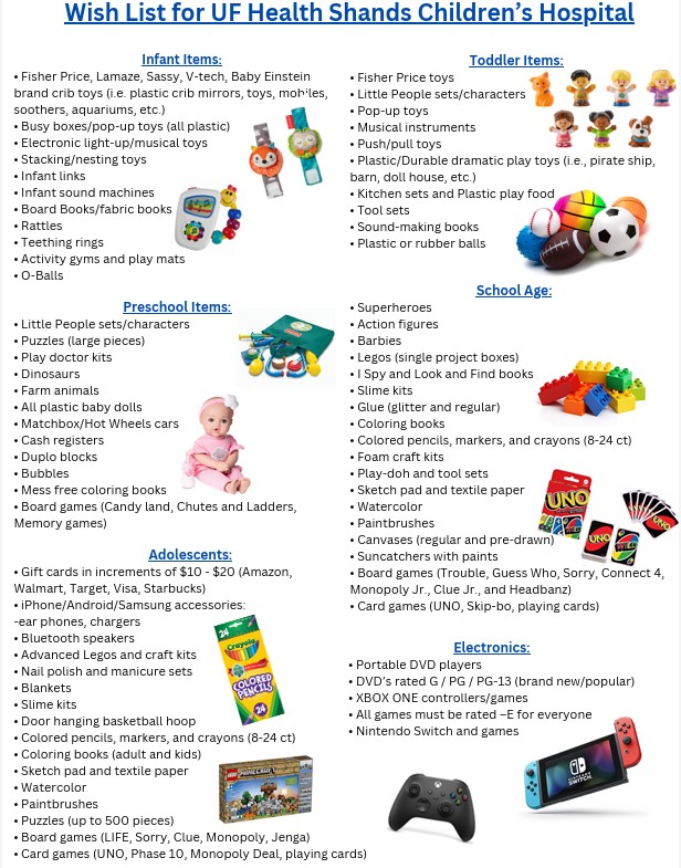 list of things the Children in UF Shands hospital want for Christmas